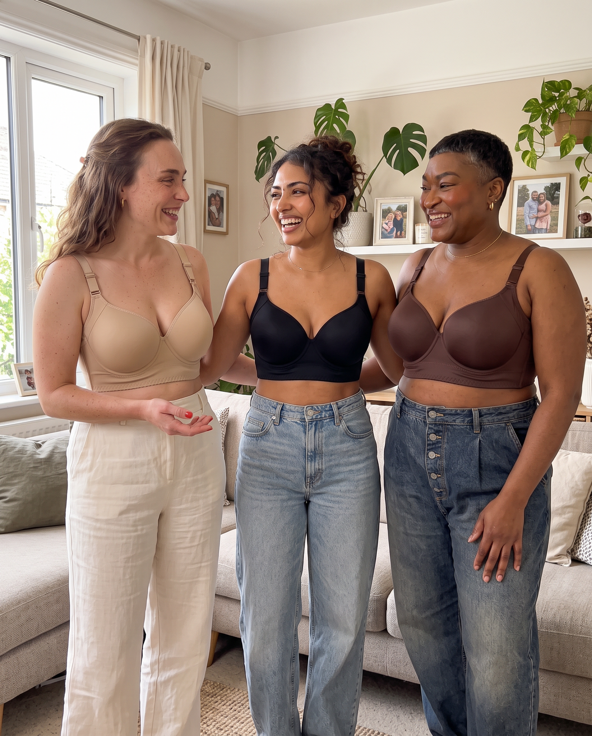 Three mums wearing The LiftWell Bra in nude, black and chocolate