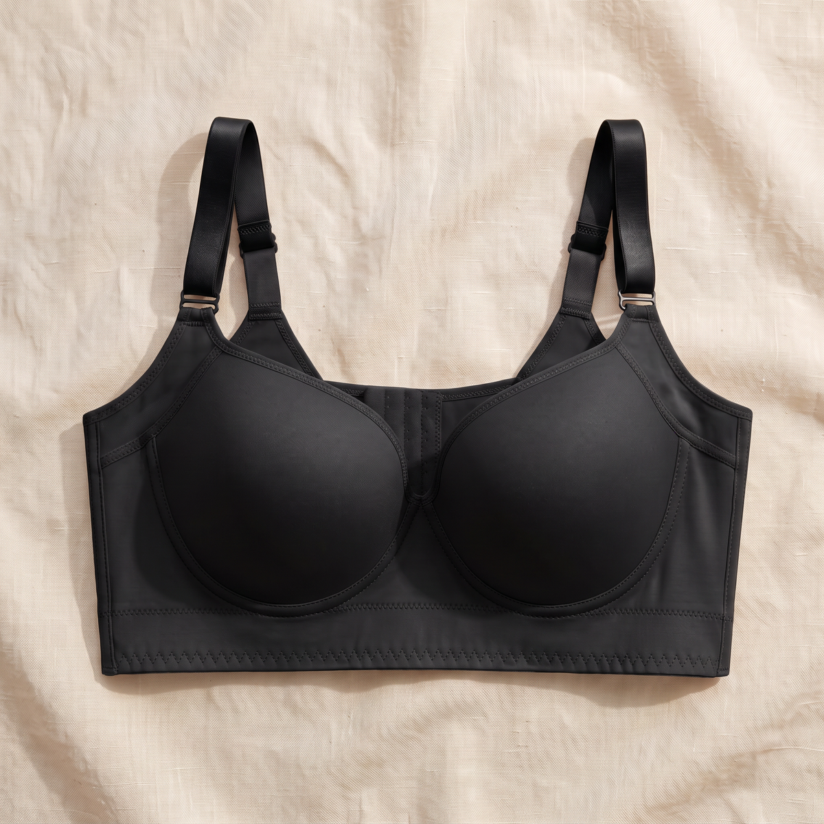 The LiftWell Bra in black, flat lay